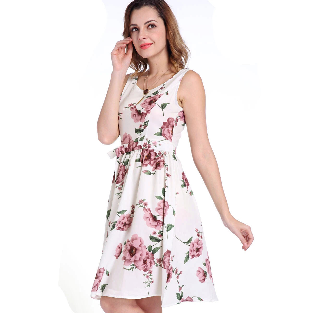Women's Floral Print Sleeveless Swing Midi Dress