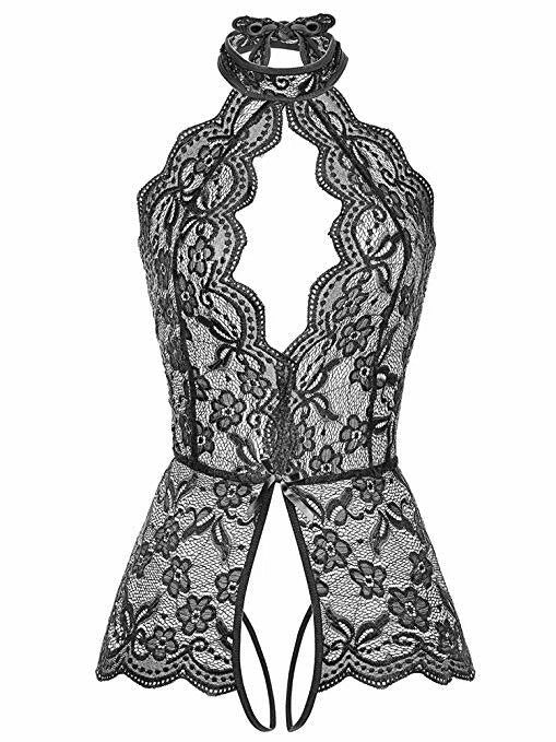 Women’s Lace Halter Teddy Bodysuit – Sexy One-Piece Babydoll Lingerie Sleepwear