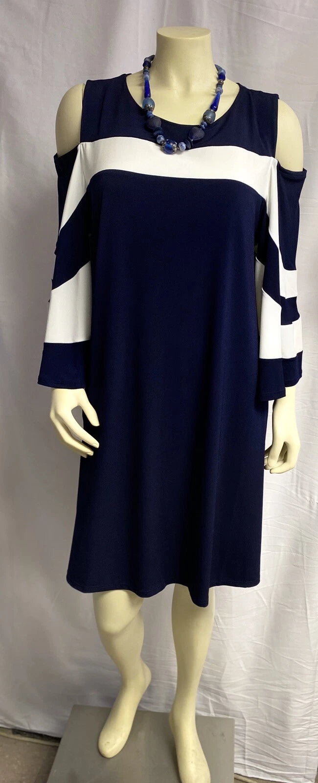Women's Navy Blue White Color Block Cold Shoulder Shift Dress