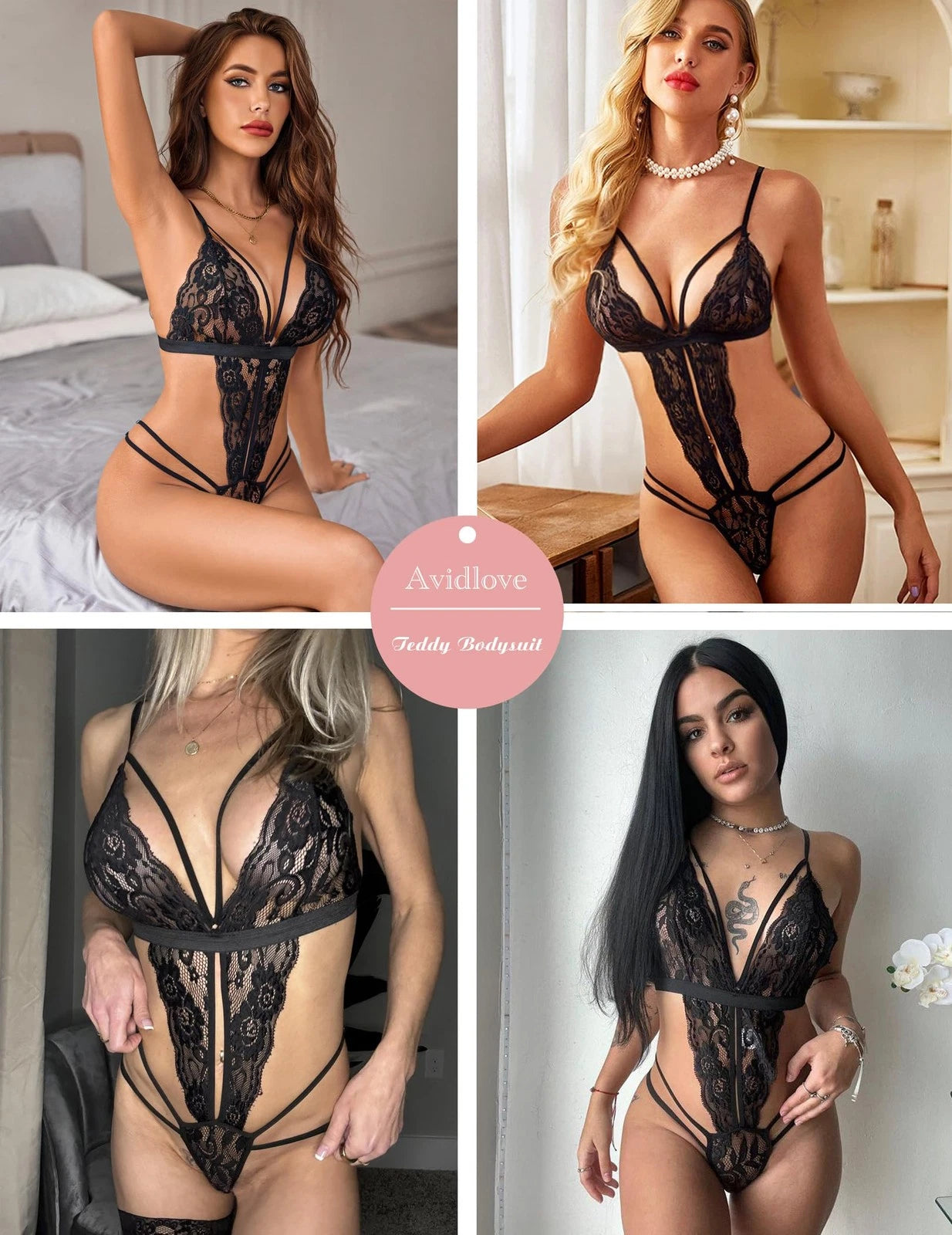 Women's One Piece Deep V Lace Bodysuit Babydoll Teddy Lingerie