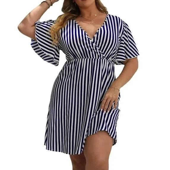 Women's Plus Size Dark Blue Striped V Neck Dress 4XL