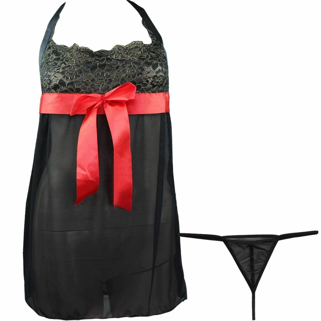 Women's Plus Size Lace Halter V Neck Babydoll Lingerie Set with G-String