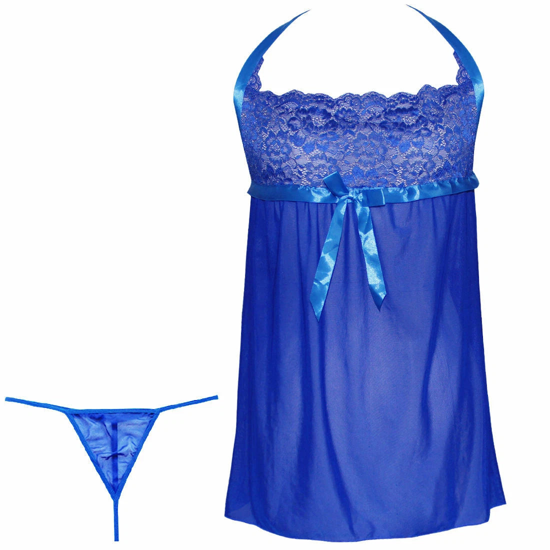 Women's Plus Size Lace Halter V Neck Babydoll Lingerie Set with G-String