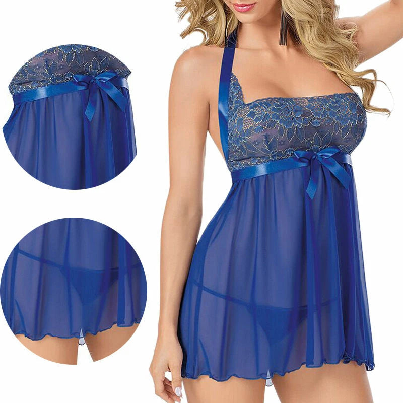 Women's Plus Size Lace Halter V Neck Babydoll Lingerie Set with G-String