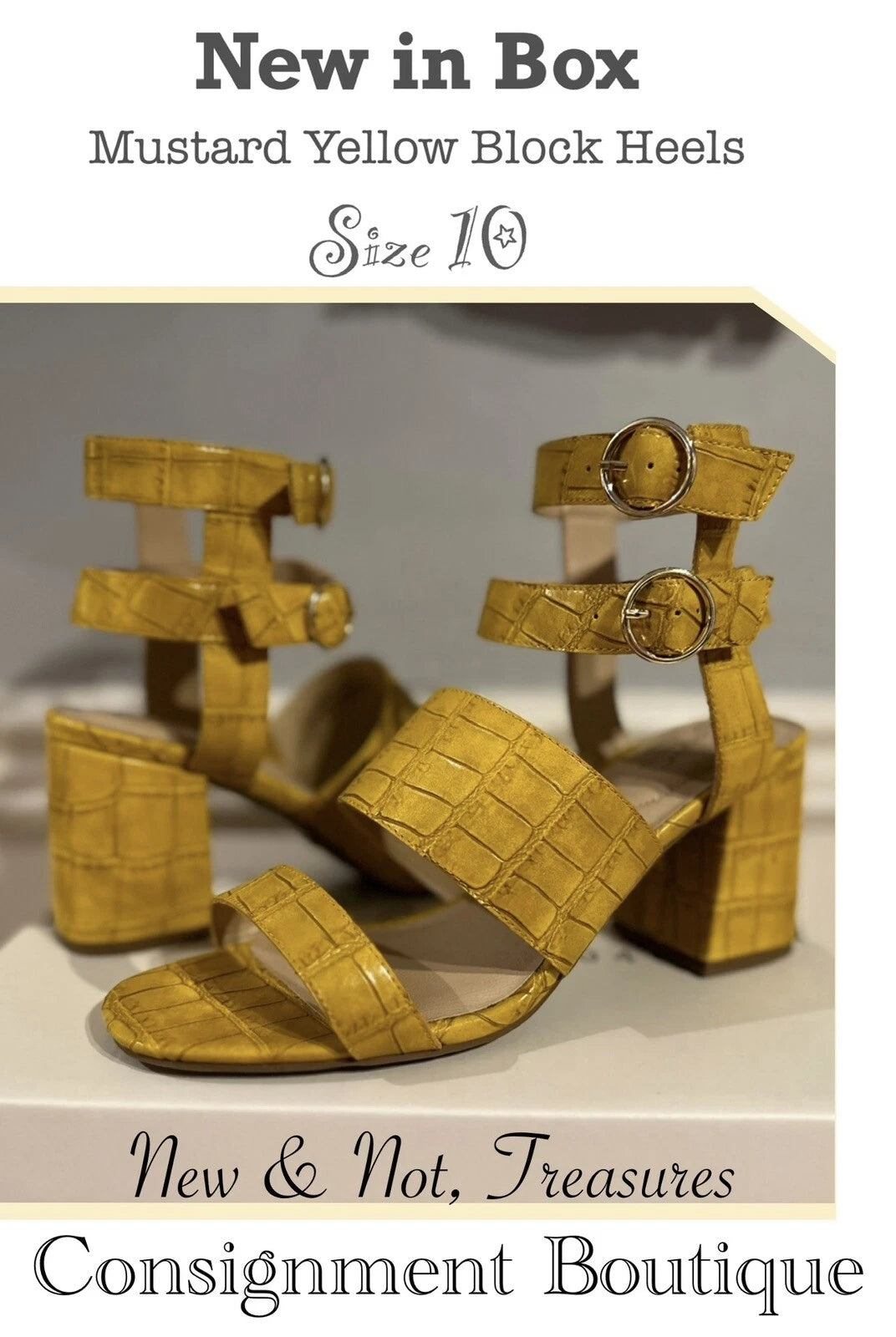 Women's Strappy Chunky Block Heel Sandals Golden Croc Texture – Size 10 New