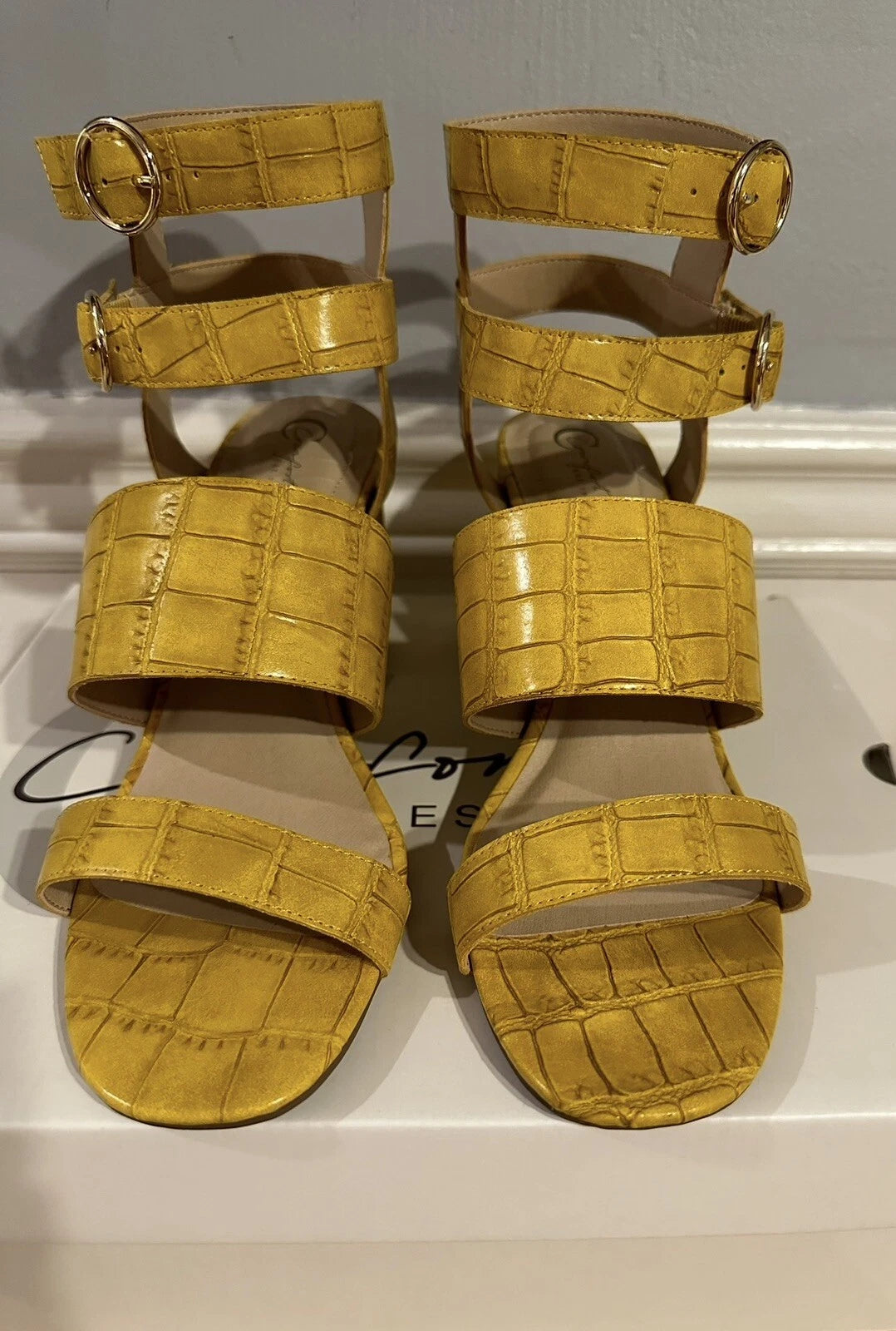 Women's Strappy Chunky Block Heel Sandals Golden Croc Texture – Size 10 New