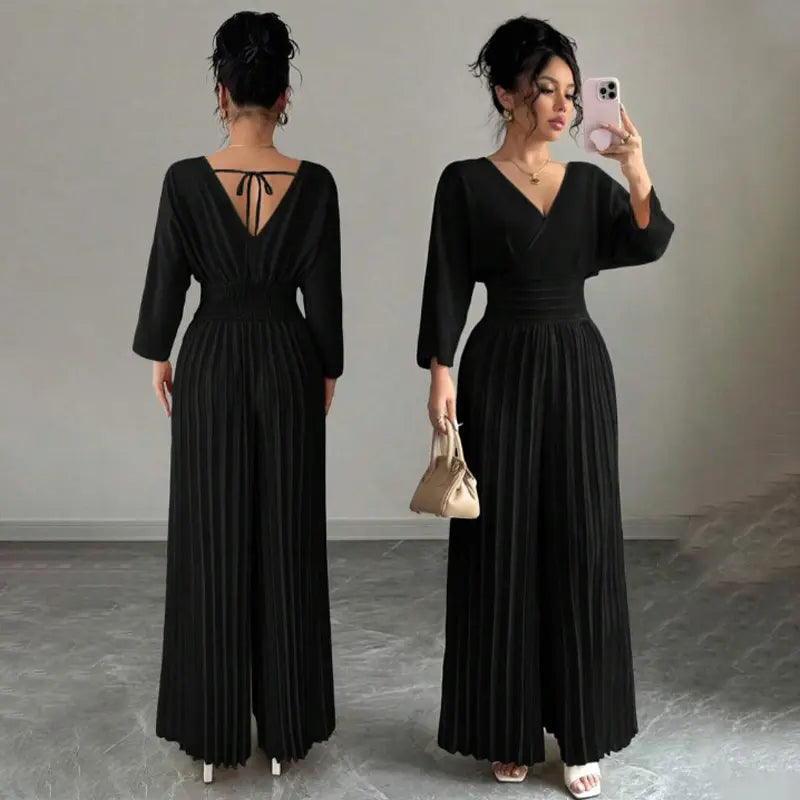 Women's Elegant V-Neck Long-Sleeve Pleated Wide-Leg Jumpsuit - High Smocked Waist, Tie Back, Solid Romper Palazzo Pants for Work Commute, Party Outfits (Jumpsuits for Women)