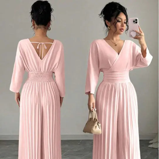 Women's Elegant V-Neck Long-Sleeve Pleated Wide-Leg Jumpsuit - High Smocked Waist, Tie Back, Solid Romper Palazzo Pants for Work Commute, Party Outfits (Jumpsuits for Women)