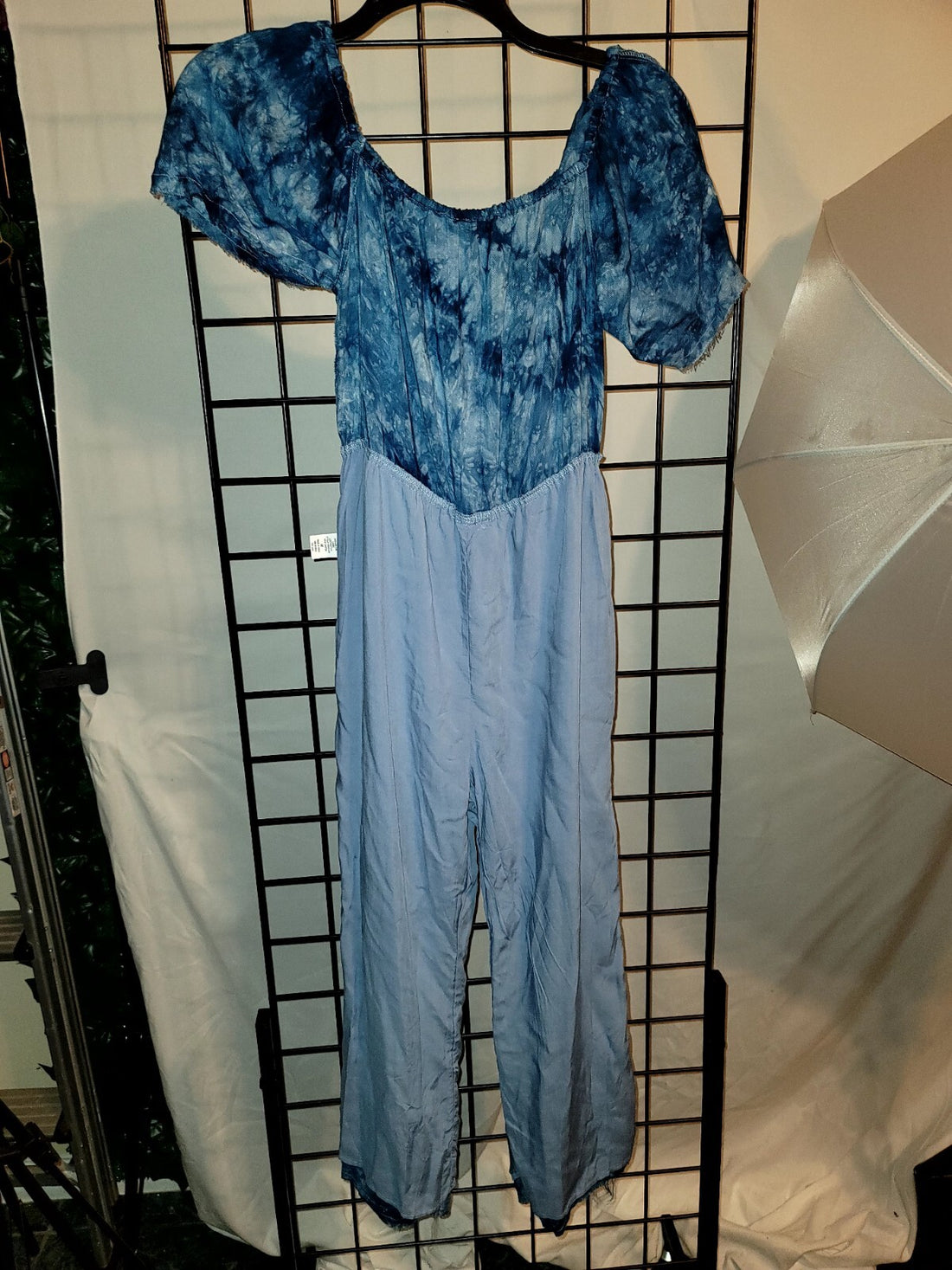 Womens Cold Shoulder Wide Leg Jumpsuit Blue Sz Medium lining pants elastic