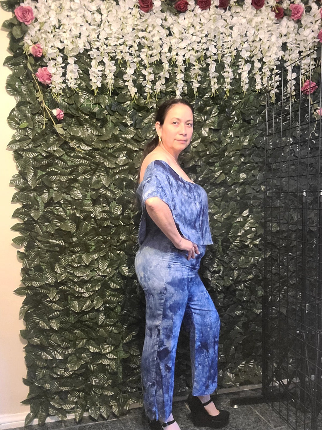 Womens Cold Shoulder Wide Leg Jumpsuit Blue Sz Medium lining pants elastic