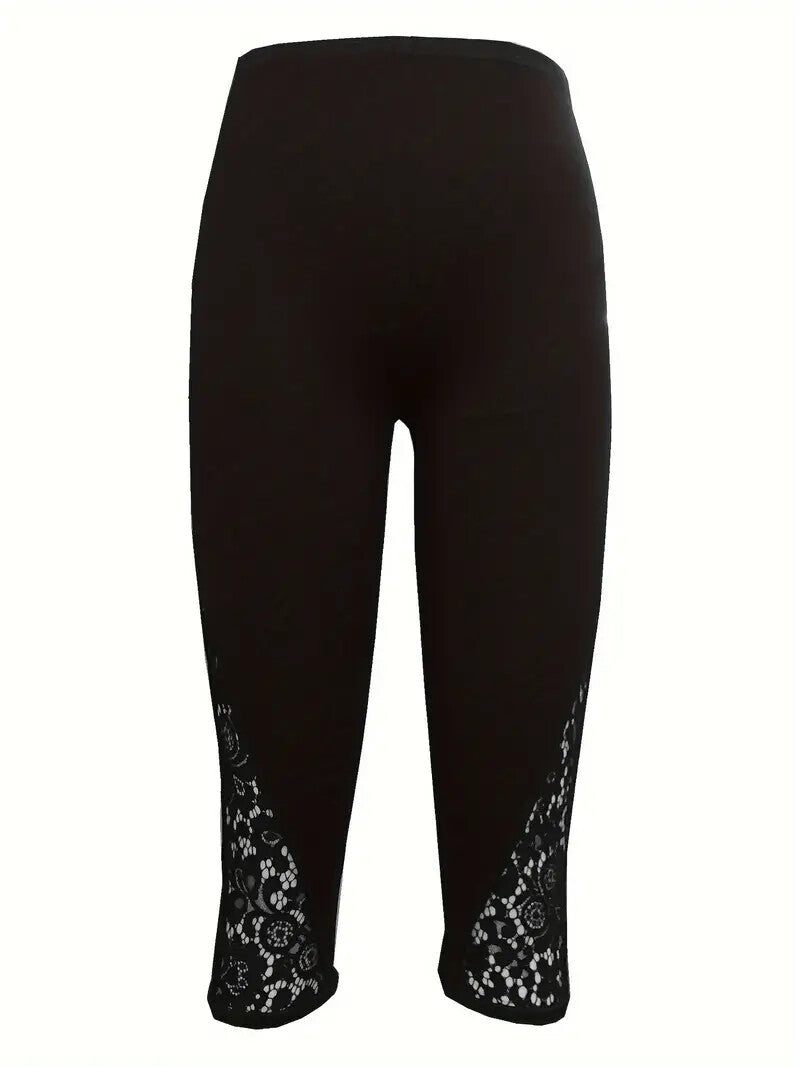 Black or White Solid Lace Infused Stretch Skinny Capri Leggings 4, 6, 8/10
