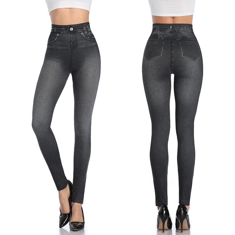 Women High Waisted Faux Denim Leggings Jegging Skinny Jean Pencil Pants Trousers