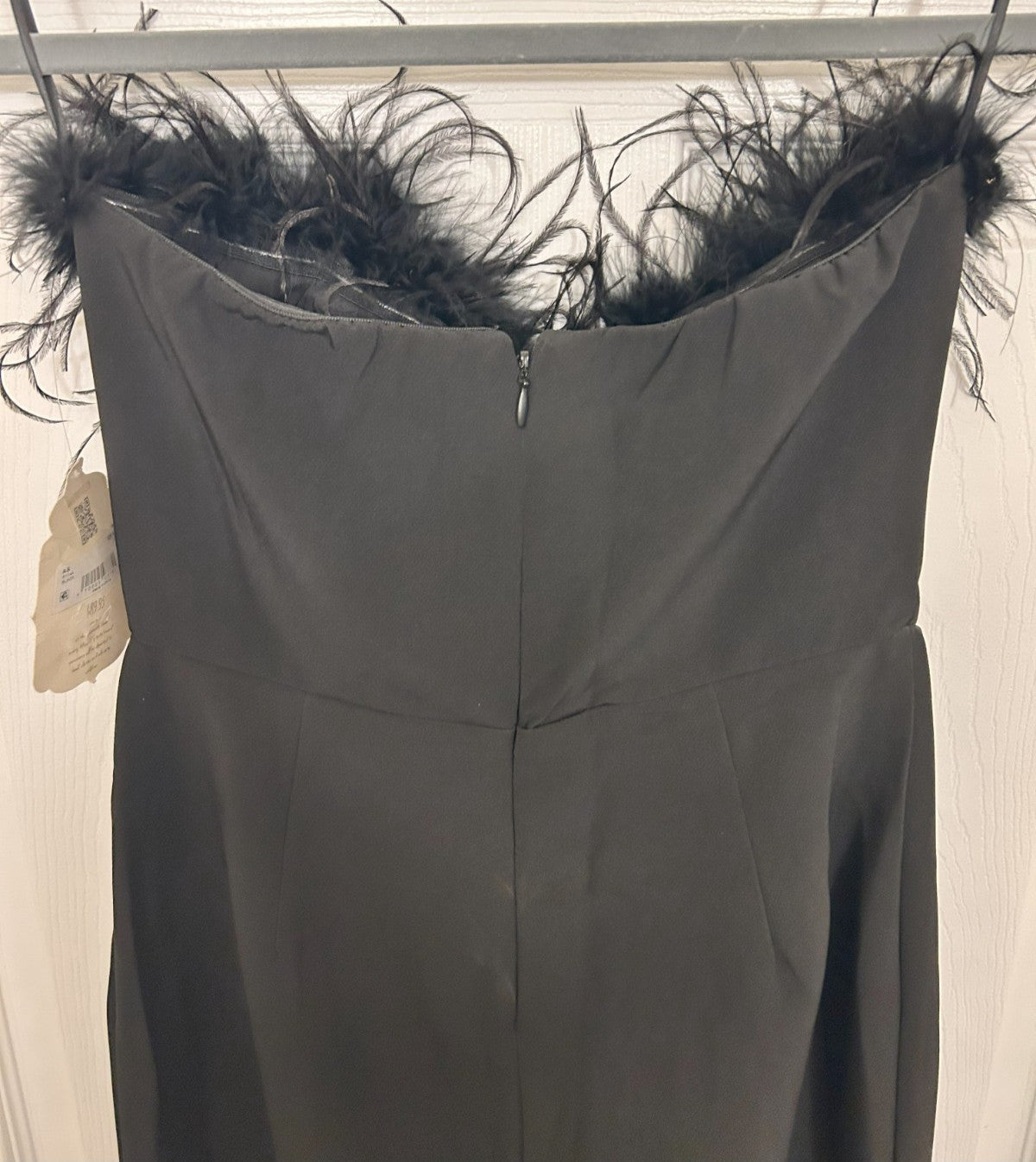 Beautiful Elegant Black Feather-Trim Strapless Jumpsuit