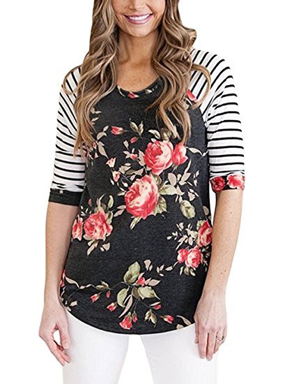 Women's Striped 3/4 Sleeve Floral Print T-Shirts Casual Blouse Tops Black -Small