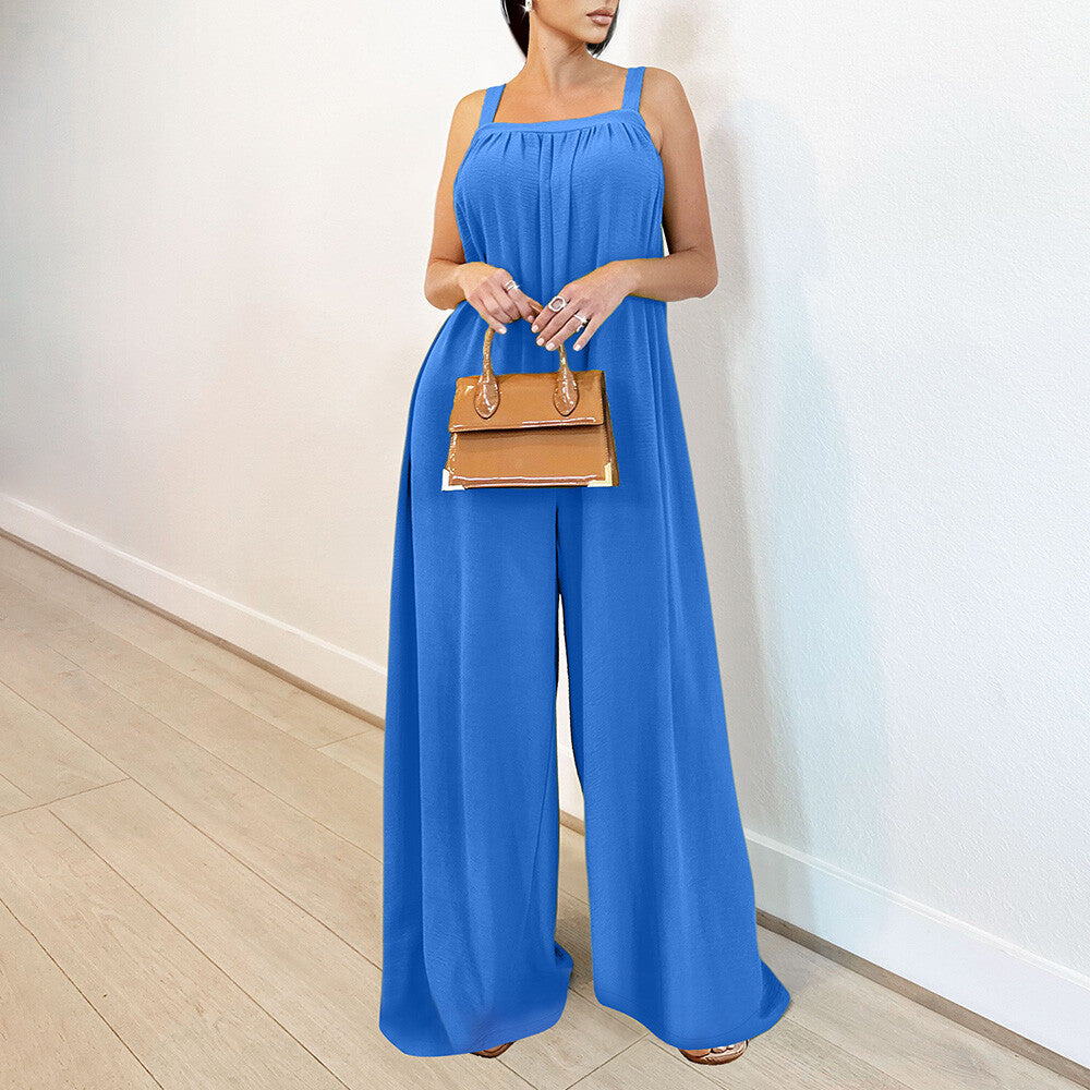 Women Solid Elegant Pockets Jumpsuit Ladies Square Neck Sleeveless Summer Pants