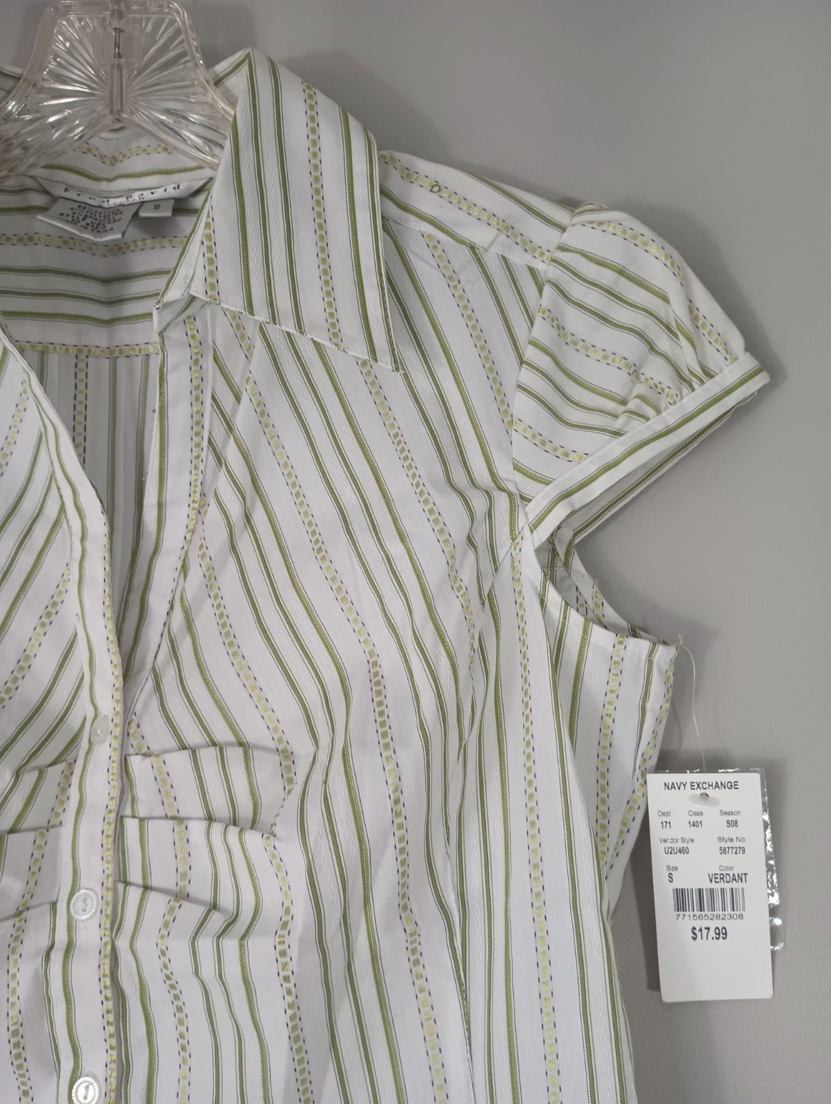 Fred David Stretch Womens Small Striped Shirt Blouse White Green Fast Ship
