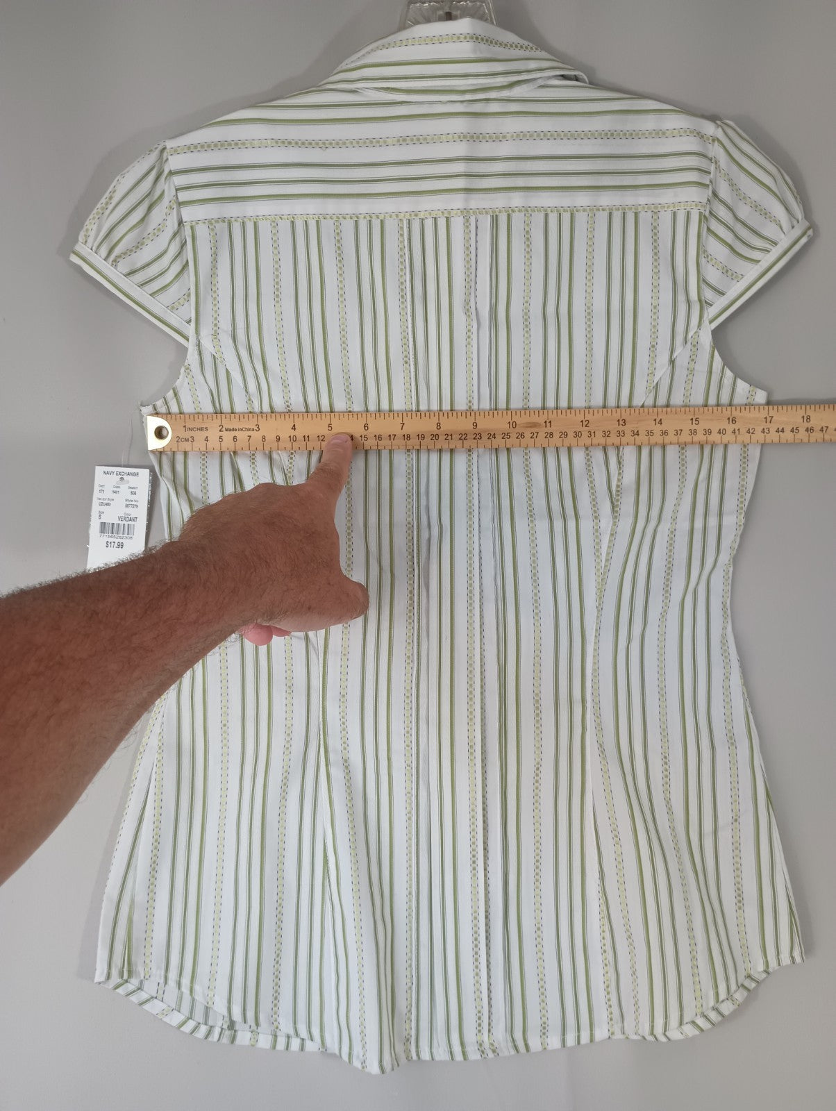 Fred David Stretch Womens Small Striped Shirt Blouse White Green Fast Ship