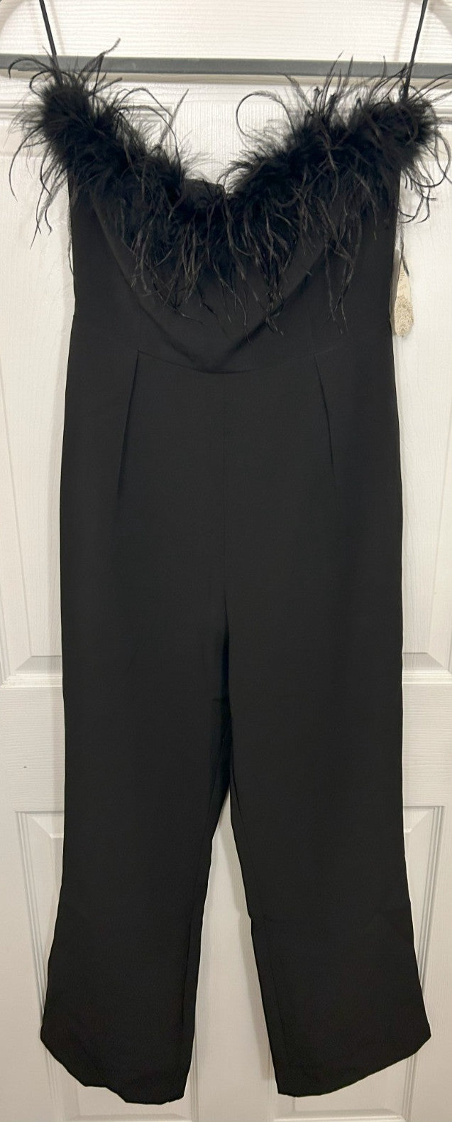 Beautiful Elegant Black Feather-Trim Strapless Jumpsuit