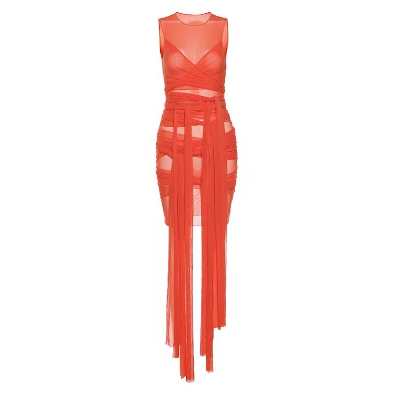 Orange See Through Mesh Bodycon Mini Dress Multilayer Club Party