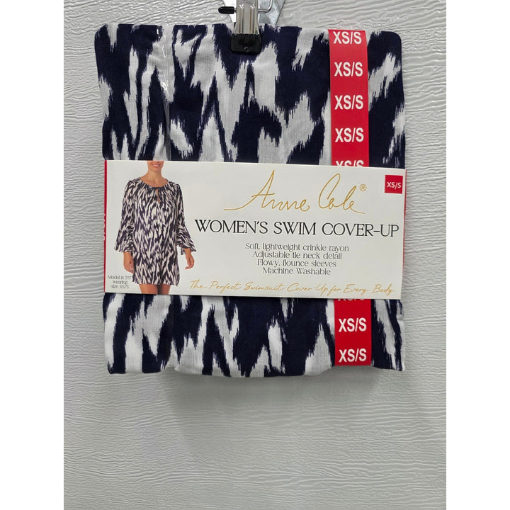Anne Cole Womens Swim Cover-Up Navy White Ikat Print Flounce Sleeve XS/S