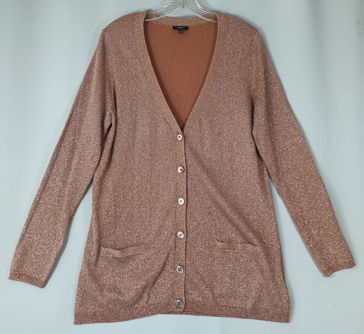 Talbots Petites Women's Large Glitter Pink Desert Rose Shirt V-neck Button