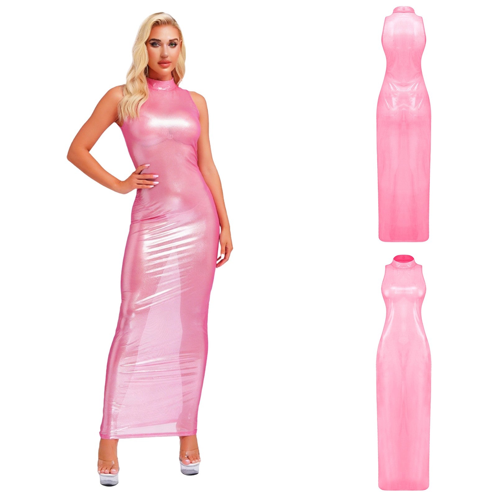 Womens See Through Maxi Dress Shiny Metallic Sheer Back Zipper Pencil Dress