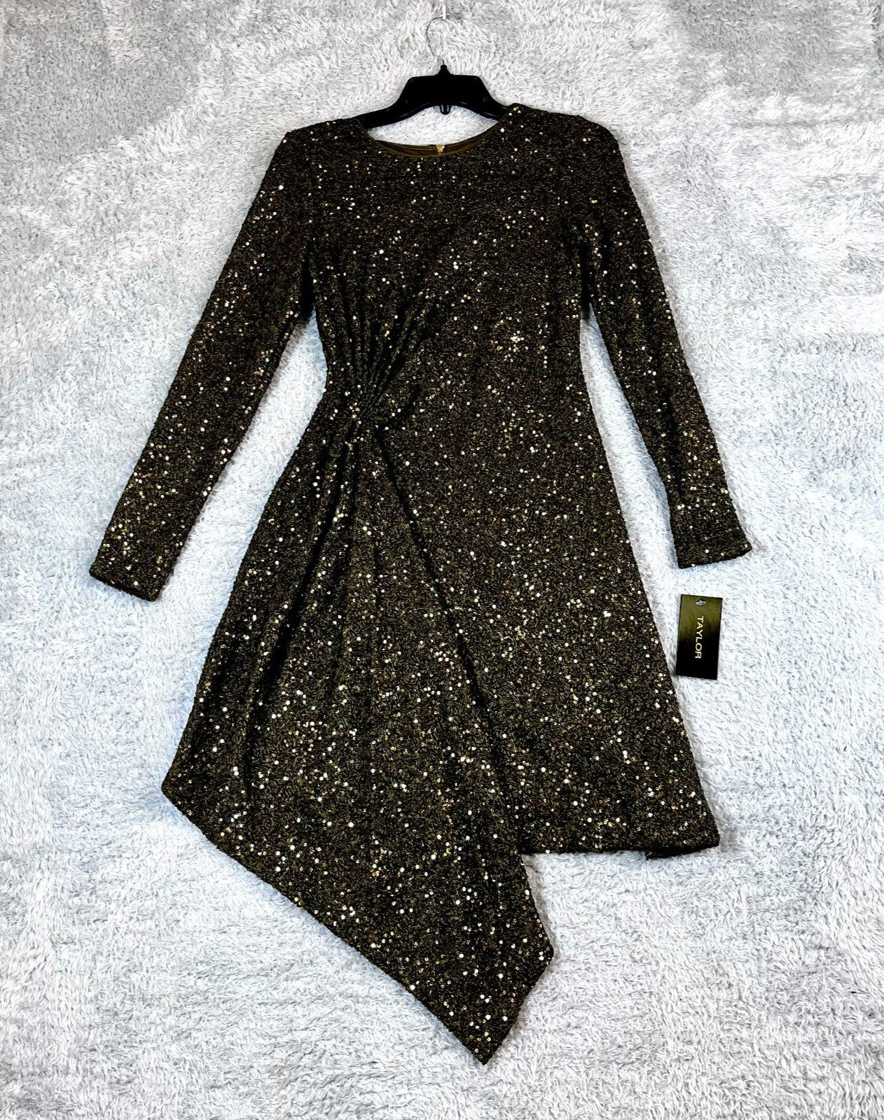 Taylor Womens Green Sequin Embellished Mini Dress with Drape Detail