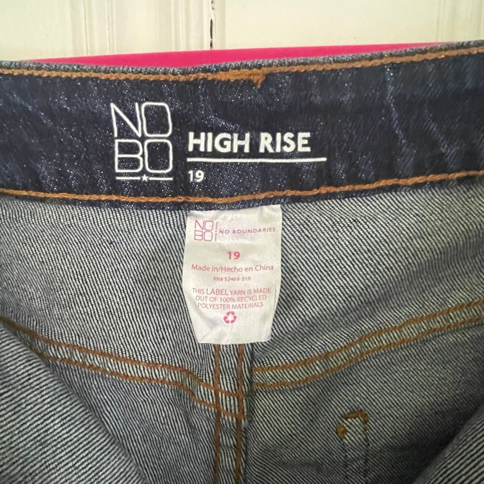 No Boundaries Women’s Blue High Rise Destructed Mom Jeans