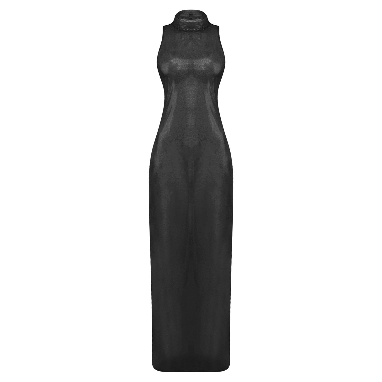 Womens See Through Maxi Dress Shiny Metallic Sheer Back Zipper Pencil Dress