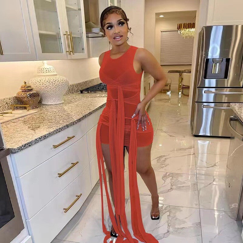 Orange See Through Mesh Bodycon Mini Dress Multilayer Club Party