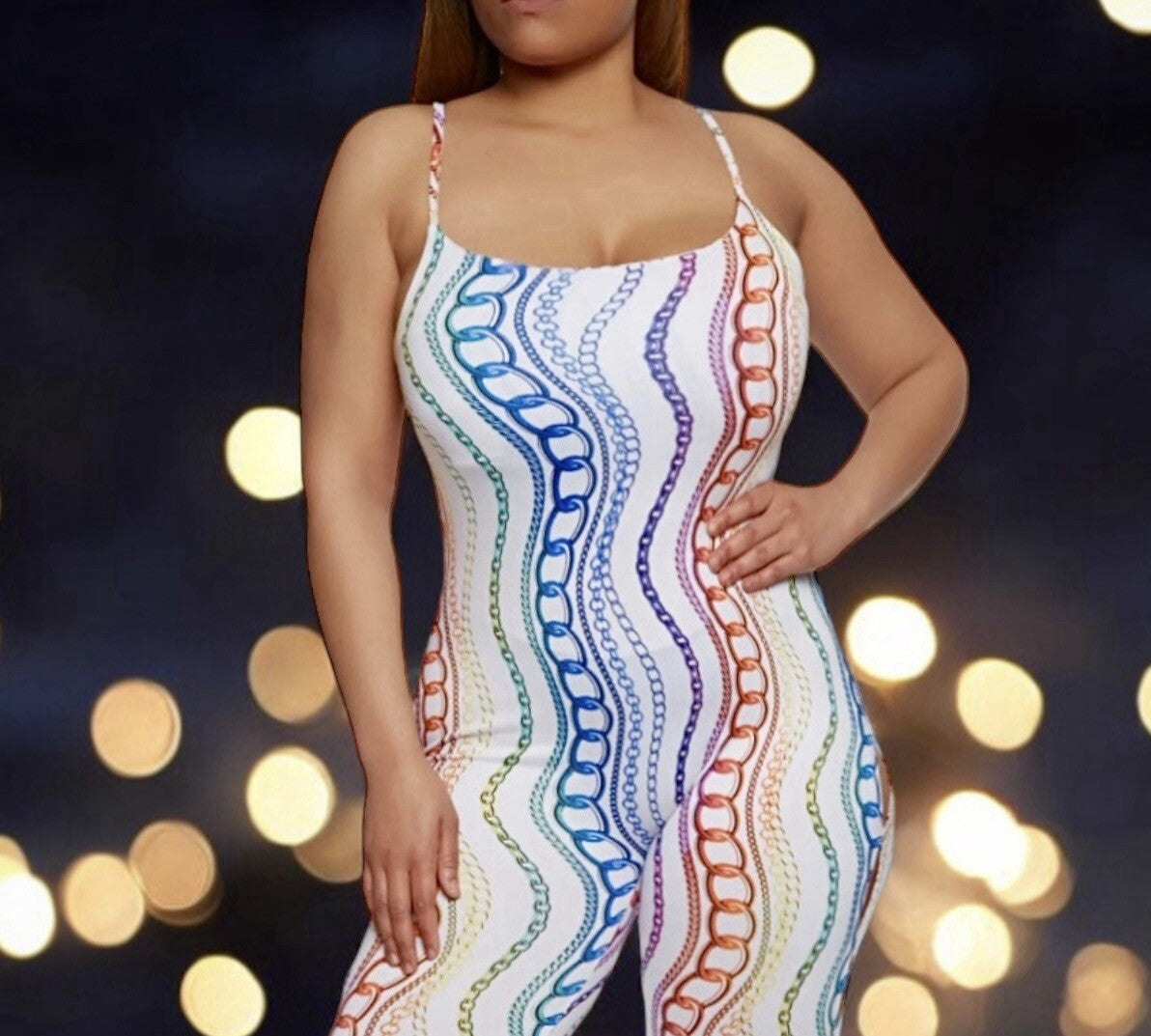 Women’s Jumpsuit Plus Size White Chain Print Cut Out Side Scoop Neck Straps 4X