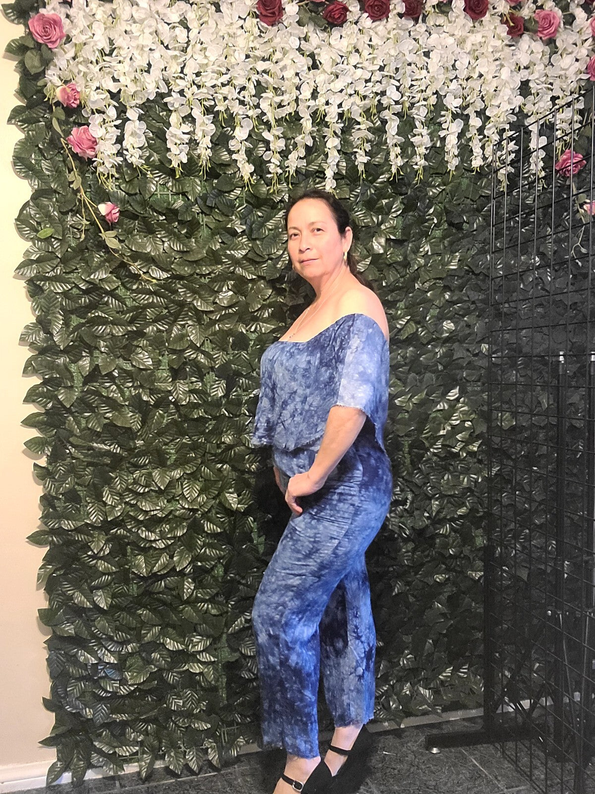 Womens Cold Shoulder Wide Leg Jumpsuit Blue Sz Medium lining pants elastic