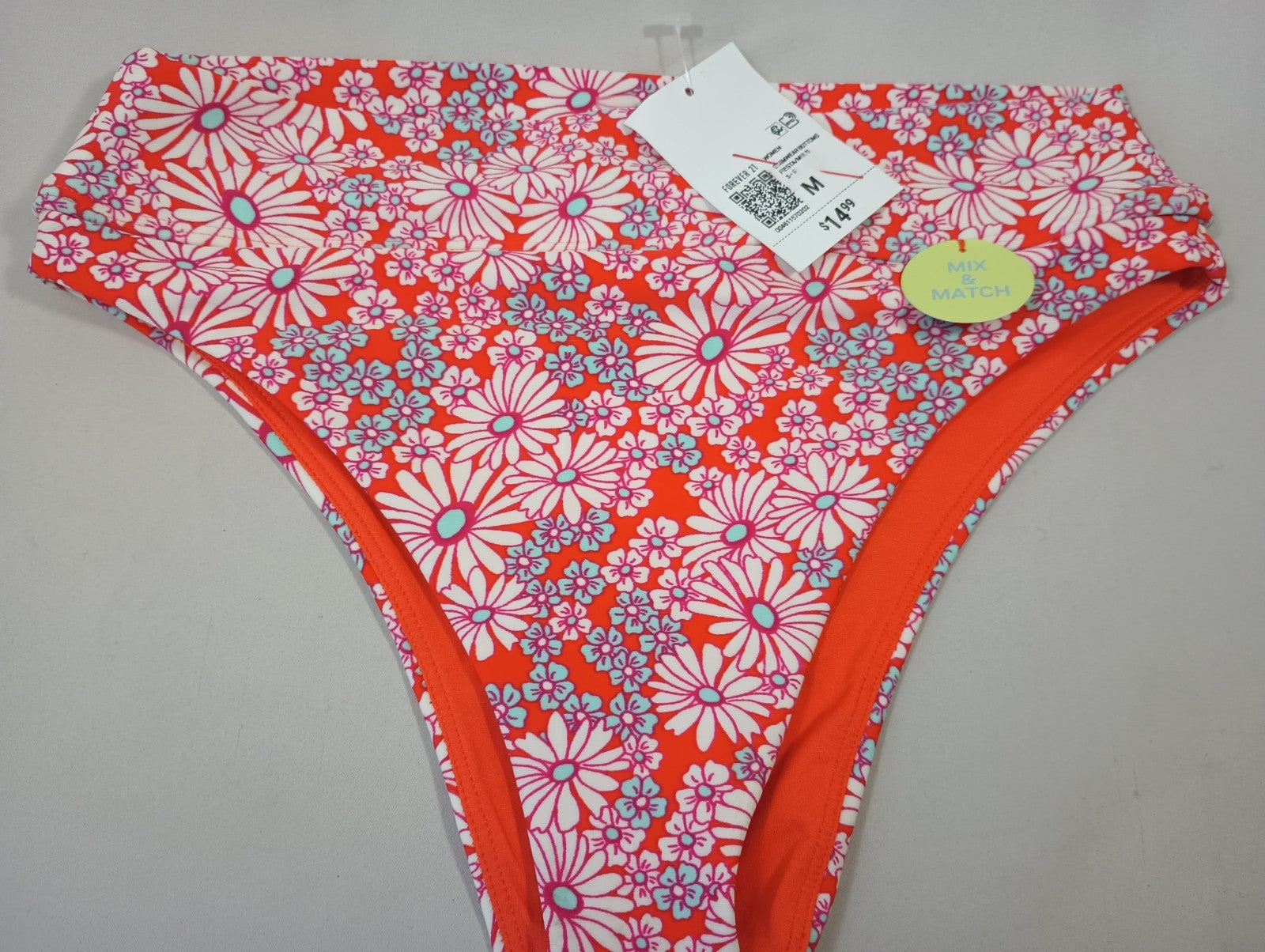 Forever 21 Medium Fiesta Multi Floral Swim Bikini Bottoms Orange Pink White