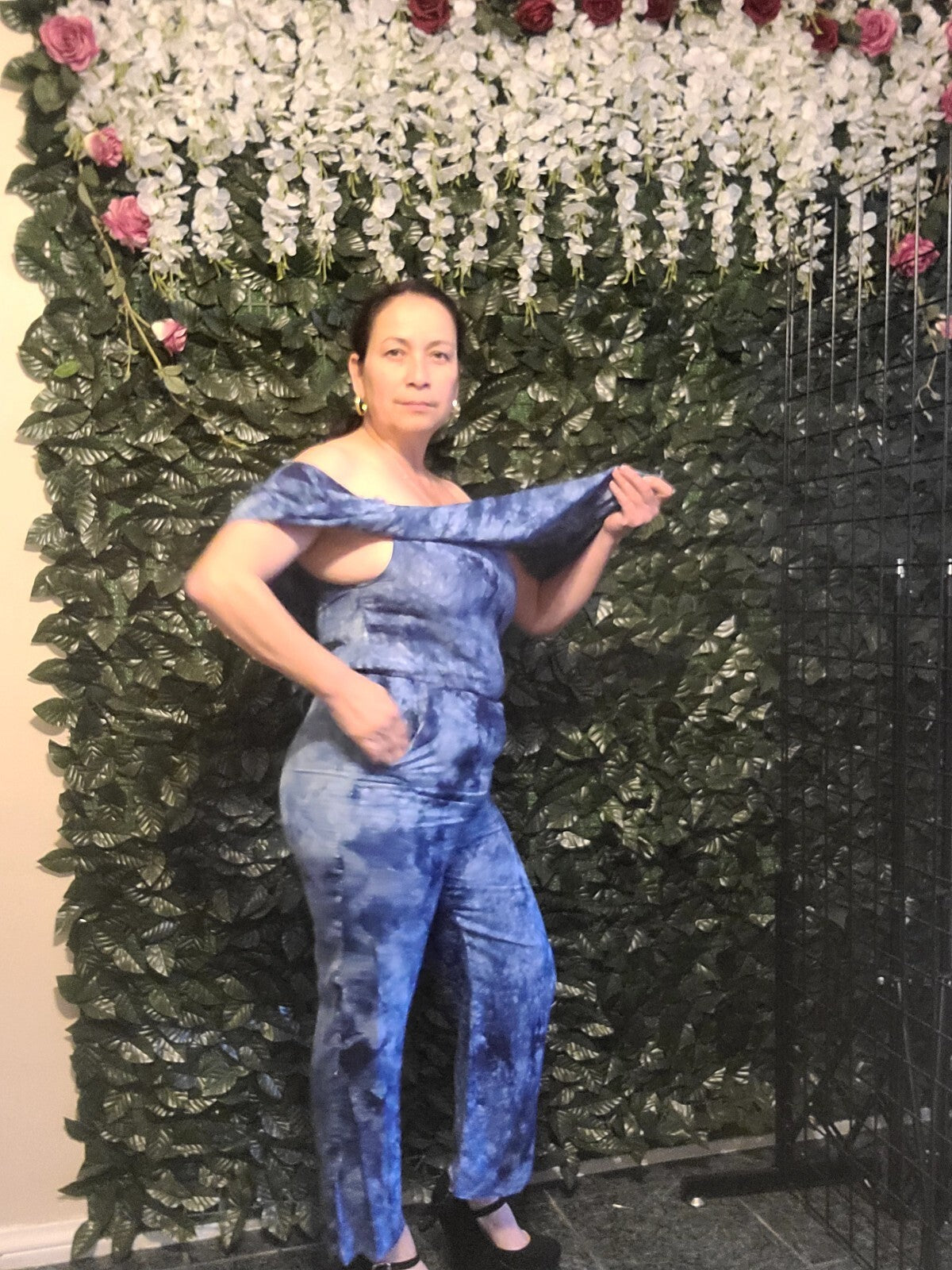 Womens Cold Shoulder Wide Leg Jumpsuit Blue Sz Medium lining pants elastic