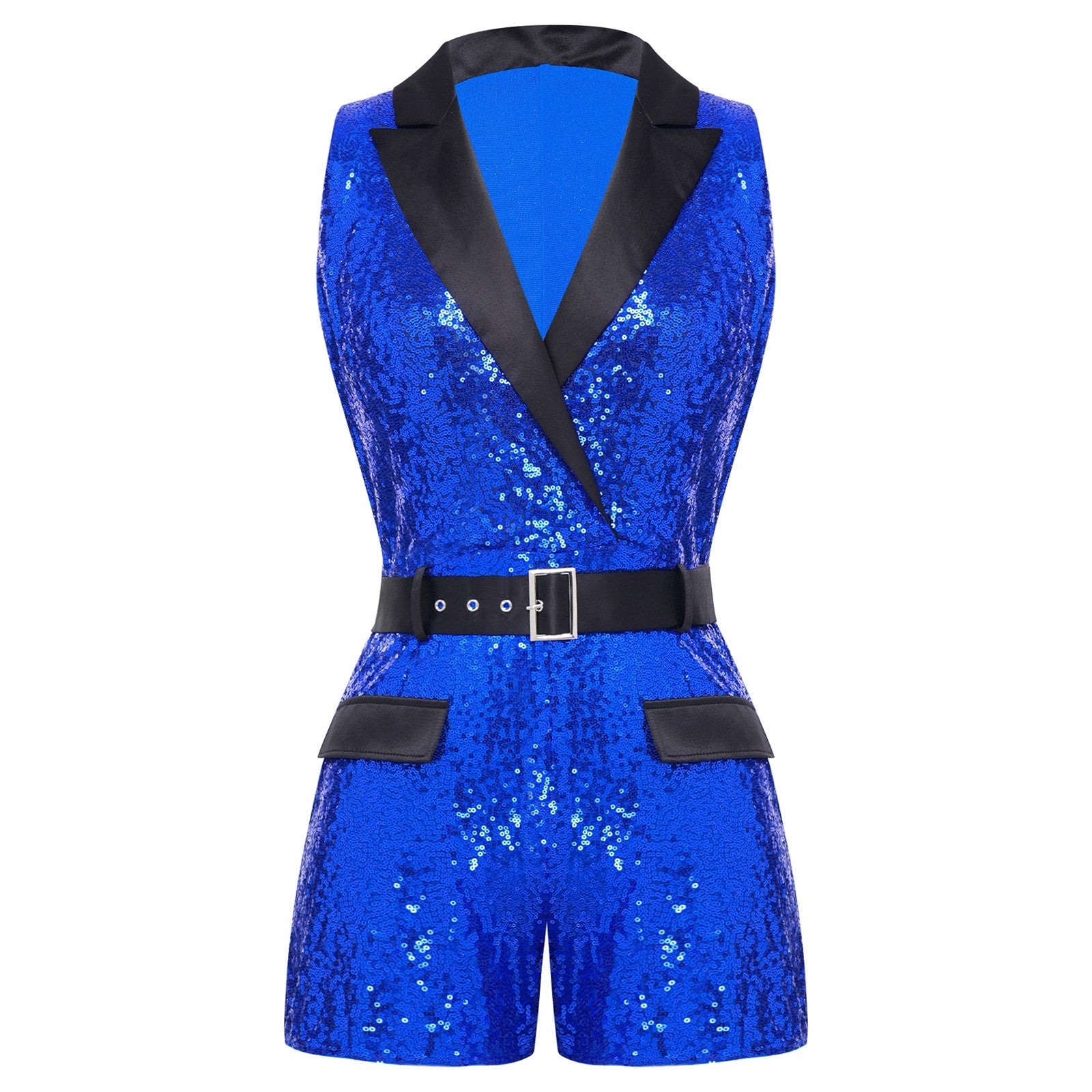 Women Sequin Glitter Romper Lapel V Neck Short Jumpsuit Concert Outfit with Belt