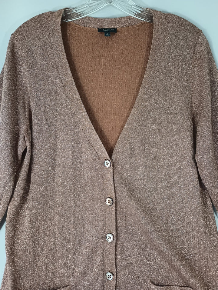 Talbots Petites Women's Large Glitter Pink Desert Rose Shirt V-neck Button