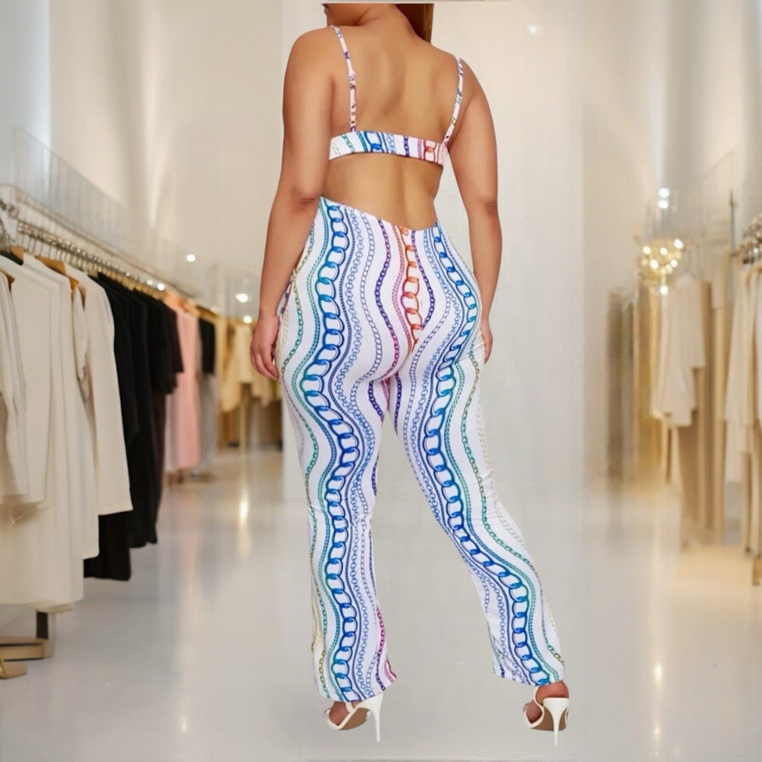 Women’s Jumpsuit Plus Size White Chain Print Cut Out Side Scoop Neck Straps 4X
