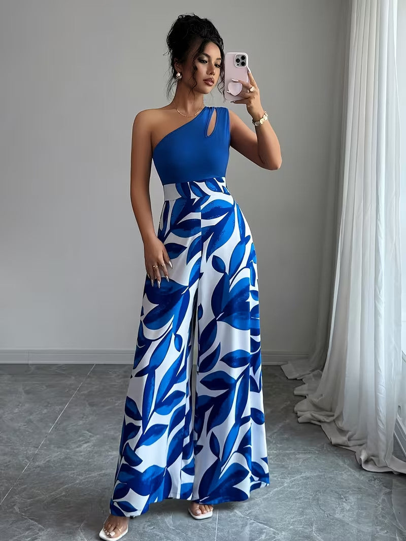 Women's Elegant One Shoulder Slit Floral Print Jumpsuit Size Large