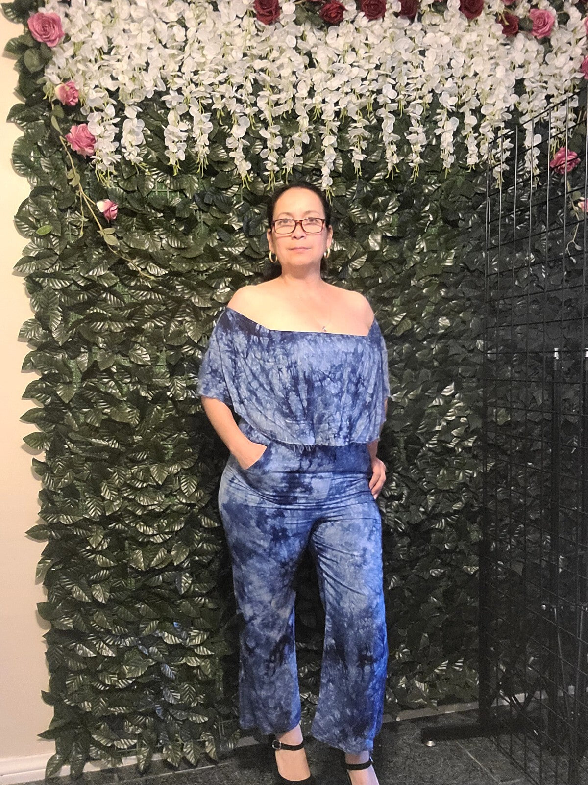 Womens Cold Shoulder Wide Leg Jumpsuit Blue Sz Medium lining pants elastic